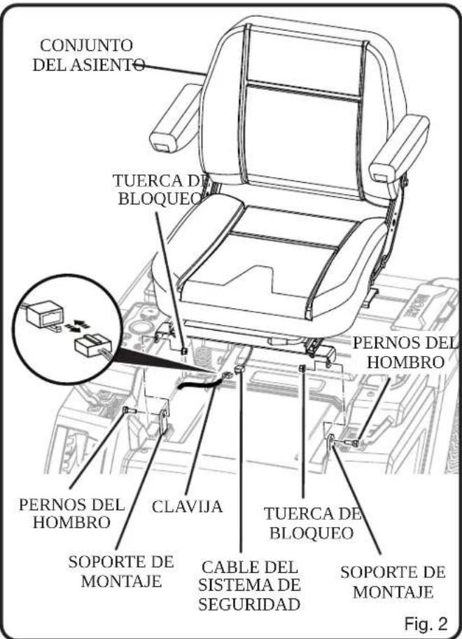 CONJUNTO DEL ASIENTO TUERCA DE BLOQUEO PERNOS DEL HOMBRO PERNOS DEL HOMBRO CLAVIJA SOPORTE DE MONTAJE CABLE DEL SISTEMA DE SEGURIDAD TUERCA DE BLOQUEO SOPORTE DE MONTAJE Fig. 2