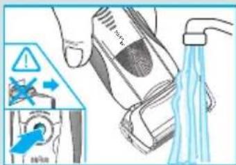 Diagram illustrating a hand holding a device with warning symbol and a blue droplet, alongside a control panel showing a valve mechanism.