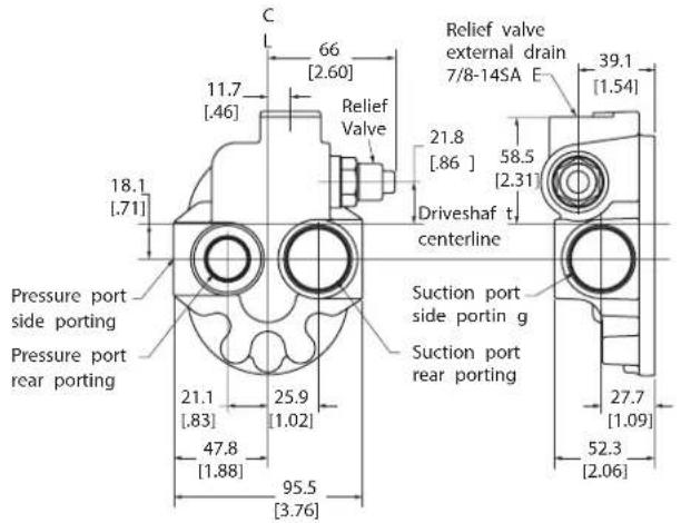Pressure port side porting Pressure port rear porting C L 66 [2.60] 11.7 [.46] Relief Valve 18.1 [.71] 21.8 [.86] 58.5 [2.31] Driveshaf t centerline Relief valve external drain 7/8-14SA E 39.1 [1.54] Suction port side portin g Suction port rear porting 21.1 [.83] 25.9 [1.02] 47.8 [1.88] 95.5 [3.76] 27.7 [1.09] 52.3 [2.06]