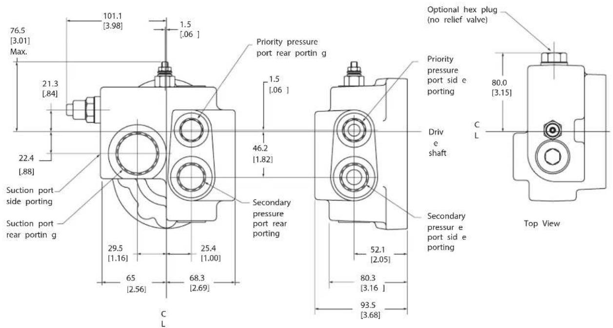 76.5 [3.01] Max. 21.3 [.84] 22.4 [.88] Suction port side porting Suction port rear portin g 101.1 [3.98] 1.5 [.06 ] Priority pressure port rear portin g 1.5 [.06 ] 46.2 [1.82] Secondary pressure port rear porting 29.5 [1.16] 25.4 [1.00] 65 [2.56] 68.3 [2.69] C L 52.1 [2.05] 80.3 [3.16 ] 93.5 [3.68] Optional hex plug (no relief valve) Priority pressure port sid e porting Drive shaft C L 80.0 [3.15] Secondary pressure e port sid e porting Top View