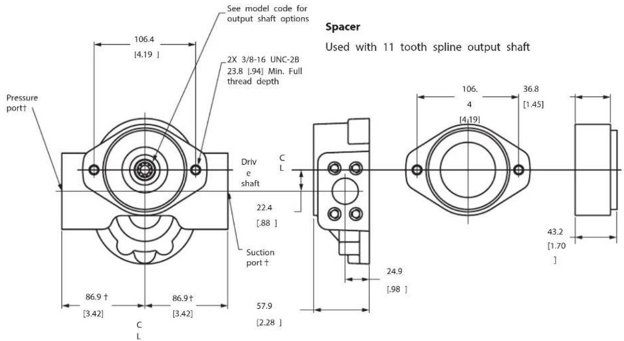 Spacer Used with 11 tooth spline output shaft See model code for output shaft options 106.4 [4.19] 2X 3/8-16 UNC-2B 23.8 [.94] Min. Full thread depth Pressure port† Drive shaft C L 22.4 [.88] Suction port † 86.9 † [3.42] 86.9 † [3.42] 57.9 [2.28] 106. 4 36.8 [1.45] [4.19] 24.9 [.98] 43.2 [1.70] ]