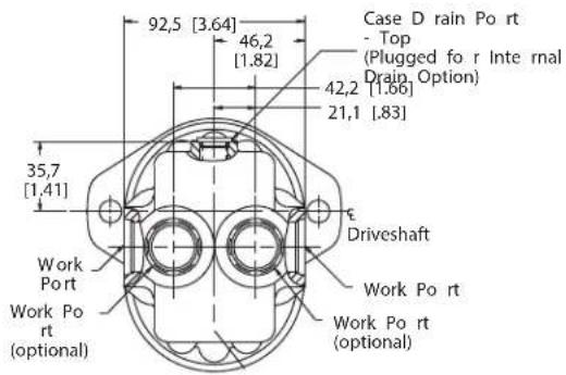 92,5 [3.64] 46,2 [1.82] Case D rain Po rt - Top (Plugged fo r Inte rnal Drain Option) 42,2 [1.66] 21,1 [.83] 35,7 [1,41] Driveshaft Work Port Work Po rt (optional) Work Po rt (optional)