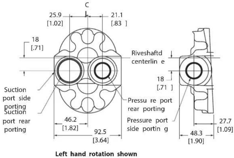 C 25.9 [1.02] 21.1 [.83] 18 [.71] Riveshaftd centerlin e 18 [.71] Suction port side porting Suction port rear porting 46.2 [1.82] 92.5 [3.64] Pressure re port rear porting Pressure port side portin g 27.7 [1.09] 48.3 [1.90] Left hand rotation shown
