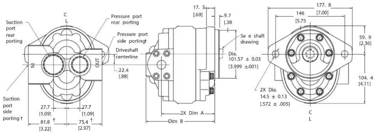 Suction port rear porting C L Pressure port rear porting Pressure port side portingt Driveshaft centerline 22.4 [.88] 17.5 [.69] 9.7 [.38] Se e shaft drawing Dia. 101.57 ± 0.03 [3.999 ±.001] 177.8 [7.00] 146 [5.75] 59.9 [2.36] 104.4 [4.11] 2X Dia. 14.5 ± 0.13 [.572 ± .005] 27.7 [1.09] 27.7 [1.09] 81.8 † 75.4 † [2.97] Suction port side porting† Z OUT