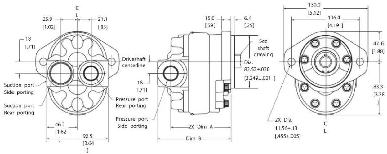 C L 25.9 [1.02] 21.1 [.83] 18 [.71] Suction port Side porting Suction port Rear porting 46.2 [1.82] 92.5 [3.64] Driveshaft centerline 18 [.71] Pressure port Rear porting Pressure port Side porting 15.0 [.59] 6.4 [.25] See shaft drawing Dia. 82.52±.030 [3.249±.001] 2X Dim A Dim B 130.0 [5.12] 106.4 [4.19] 47.6 [1.88] 83.3 [3.28] 2X Dia. 11.56±.13 [.455±.005] C L