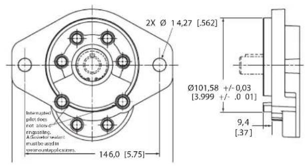 2X Ø 14,27 [.562] Ø101,58 +/-0,03 [3.999 +/- .0 01] 9,4 [.37] Intergrated plot does not allow e engaging. A device sealant must be used in weimountapollations. 146,0 [5.75]