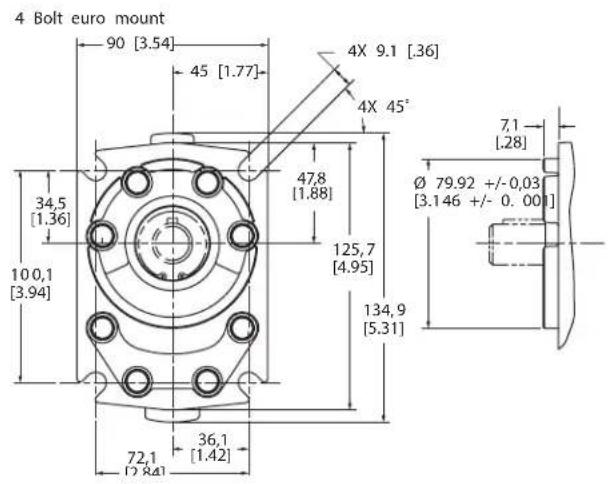 4 Bolt euro mount 90 [3.54] 45 [1.77] 4X 9.1 [36] 4X 45° 34,5 [1.36] 100,1 [3.94] 47,8 [1.88] 125,7 [4.95] 134,9 [5.31] 72,1 [2.84] 36,1 [1.42] Ø 79.92 +/-0,03 [3.146 +/- 0.001] 7,1 [.28]