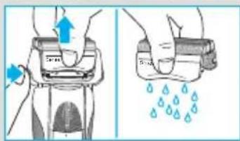 Diagram illustrating hand positioning and water droplet behavior on a device, with arrows indicating movement and water droplets.