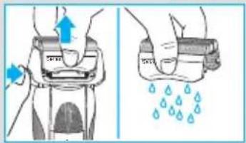 Illustration showing two-step cleaning procedure: hand pressing a component with blue arrows and water droplets, followed by dropouts.