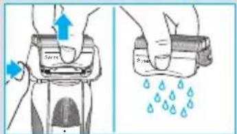 Diagram illustrating hand positioning and water drop behavior in a device, with labeled parts and directional arrows