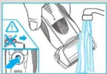 Diagram illustrating a hand cleaning a shower with warning symbols and a water droplet, accompanied by an instructional illustration.