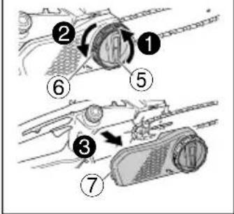 Technical diagram showing mechanical assembly steps with numbered components and directional arrows indicating motion