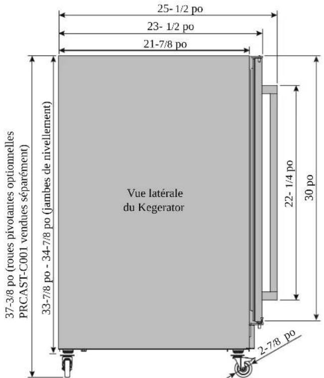 25- 1/2 po 23- 1/2 po 21-7/8 po Vue latérale du Kegerator 37-3/8 po (roues pivotantes optionnelles PRCAST-C001 vendues séparément) 33-7/8 po - 34-7/8 po (jambes de nivellement) 22- 1/4 po 30 po 2-7/8 po