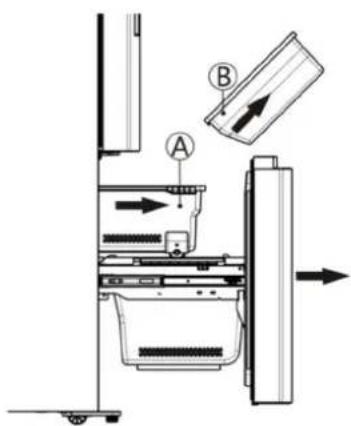 Technical diagram of a mechanical device with labeled components A and B, showing directional arrows indicating movement or flow.
