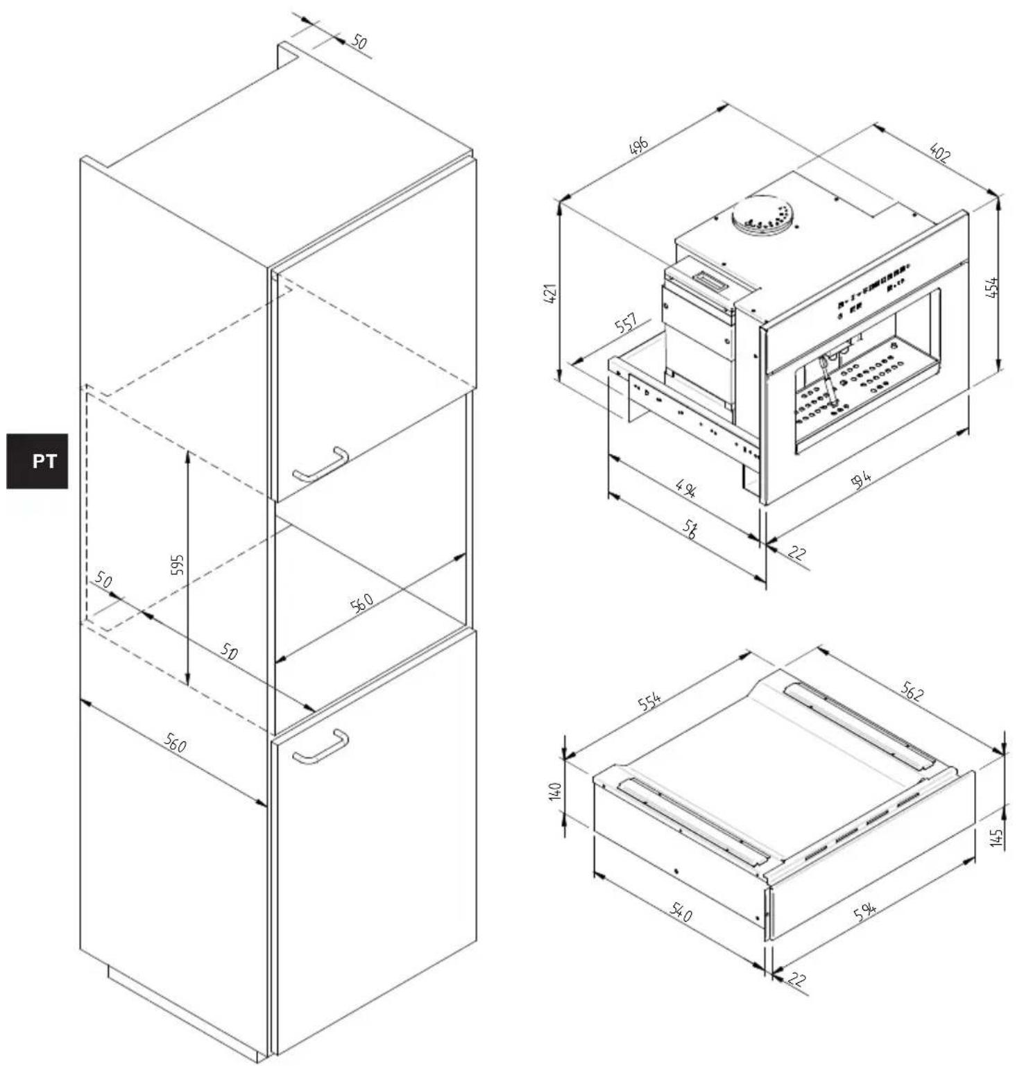 Fulgor Milano FUWD 150 MBK - ESQUEMA DAS DIMENSÕES DA GAVETA 145 DE ENCASTRE 560 X 595 COM MÁQ. DE CAFÉ DE 454 - 1