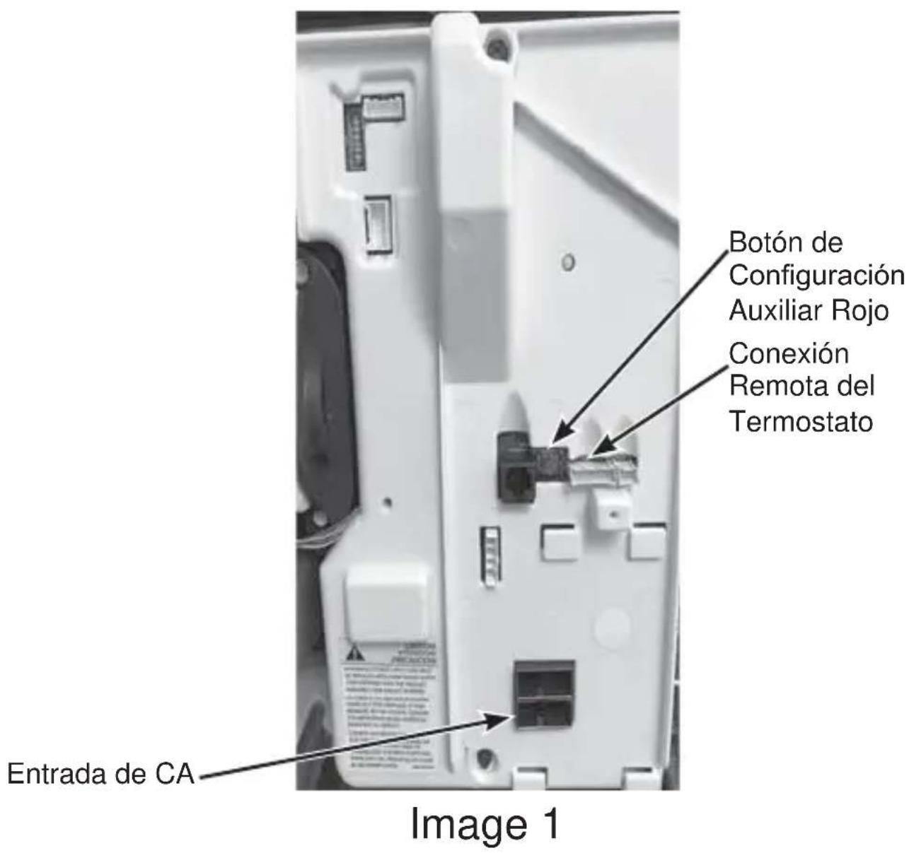 Botón de Configuración Auxiliar Rojo Conexión Remota del Termostato Entrada de CA Image 1