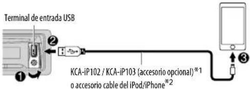 Terminal de entrada USB KCA-iP102 / KCA-iP103 (accesorio opcional)*1 o accesorio cable del iPod/iPhone*2