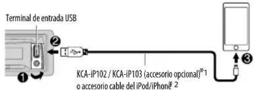 Terminal de entrada USB KCA-iP102 / KCA-iP103 (accesorio opcional)*-1 o accesorio cable del iPod/iPhone* 2