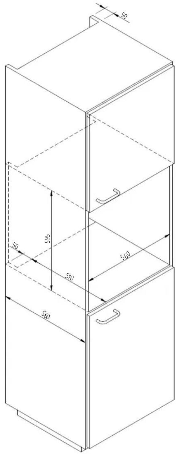 Fulgor Milano FUD 150 MBK - ESQUEMA DIMENSIONAL CAJÓN DE EMPOTRAR 560 X 595 CON HORNO DE 450 - 1