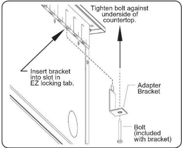 Tighten bolt against underside of countertop. Insert bracket into slot in EZ locking tab. Adapter Bracket Bolt (included with bracket)