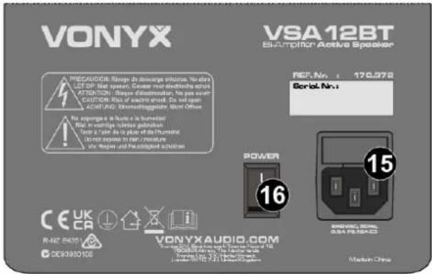 VONYX VSA12BT 8-Amplic Active Speaker PRECAUTION: Ringer de disenerge éclution. No direct. LOT OP: Not spoutier. Devener mer elektrics shot ATTENTION: Rescue d'information. Be pas surfé CAUTION: Not of electric shock. Do not open ACHTING: Transmission/legibility. Biton Obras No resusages e la fride e la humsdant. Not in portige surfide patillon Tente a /par. De la plume de l'humidre Sister desirie en rair / moisture By Region and Paatopolec scrittes POWER 16 15 BEAMING, BHA, 03A PR.SA.CZ R-N° 54051 VONYX AUDIO.COM V-000000000000000000000000000000000000000000000000000000000000000000000000000000000000000 DE93981CE Median China