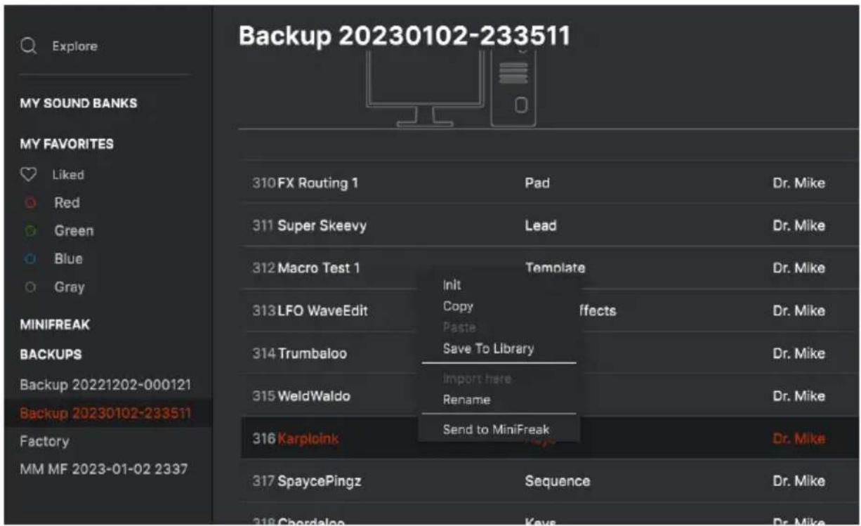 Arturia MiniFreak - Utiliser des presets de backup individuels - 1