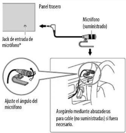 Panel trasero Jack de entrada de micrófono* Micrófono (suministrado) Ajuste el ángulo del micrófono Asegúrelo mediante abrazaderas para cable (no suministradas) si fuera necesario.