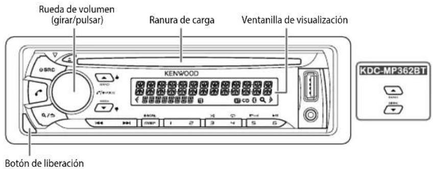 Rueda de volumen (girar/pulsar) Ranura de carga Ventanilla de visualización KENWOOD KDC-MP362BT Botón de liberación