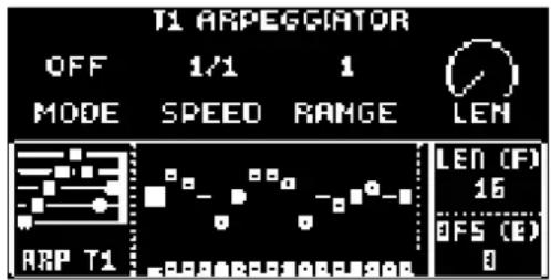 T1 ARPEGGIATOR OFF 1/1 1 MODE SPEED RANGE LEN RBP T1 LEN (F) 16 OFS (E) 0