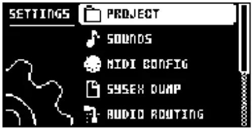 SETTINGS PROJECT SOUNDS MIDI CONFIG SYSEX DUMP AUDIO ROUTING
