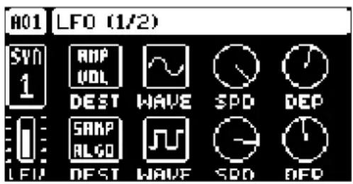 A01 LFO (1/2) SYN 1 RMP VOLT DEST WAVE SPD DEP LEU SRMP ALGO JU DEST WAVE SPD DEP