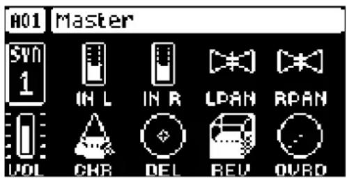 A01 Master SYN 1 IN L IN R LPAN RPAN VOL CHR DEL REV OVRD