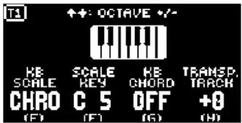 T1 ++: OCTAVE */- KB SCALE CHRO (F) SCALE KEY C 5 (F) KB CHORD OFF (G) TRANSP. TRACK +0 (H)