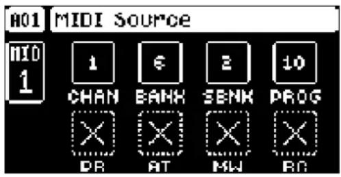 M01 MIDI Source MID 1 1 6 2 10 CHAN BANK BANK PROG PR AT MW RC