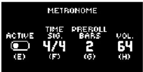 METRONOME ACTIVE TIME PREROLL VOL. (S) SIG. 4/4 BARS 2 64 (E) (F) (G) (H)