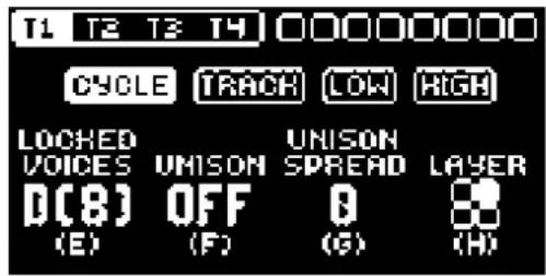 T1 T2 T3 T4 00000000 CYCLE TRACK LOW HIGH LOCKED VOICES UNISON UNISON SPREAD LAYER D(8) OFF B (E) (F) (G) (H)