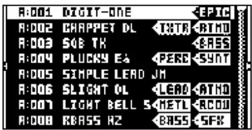 A:001 DIGIT-ONE EPIC A:002 CHAPPET DL XTR BHO A:003 SOB TH EASS A:004 PLUCKY EA PERO SYNT A:005 SIMPLE LEAD JM A:006 SLIGHT OL LEAD ATHD A:007 LIGHT BELL S METL ACOU A:008 RASS HZ BASS SFX