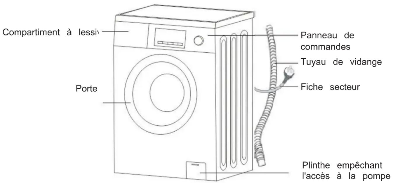 Compartiment à lessi Porte Panneau de commandes Tuyau de vidange Fiche secteur Plinthe empêchant l'accès à la pompe