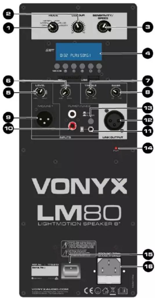 2 1 MOVE MOSUR SENSITIVITY/ SPEED 3 4 BT 0-32 PLAY SONG I MODE 5 LEVEL LEVEL TRELLER BASS 10 11 12 13 14 9 MCONE 1 POWER/LINE 2 LINK OUTPUT 15 VONYX LM80 LIGHTMOTION SPEAKER 6" REF. No.: 178.819 Serial. No.: VONYXAUDIO.COM 16 15 16