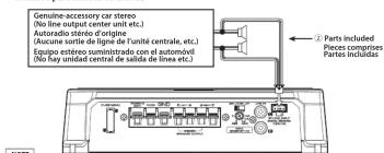 Genuine-accessory car stereo (No line output center unit etc.) Autorodio stéreo d'origine (Aucune sortie de ligne de l'unité centrale, etc.) Equipo estérêo suministrado con el automóvil (No fay unidad central de salida de línea etc.) 2 Parts included Pieces comprises Partes incluidas NOTE