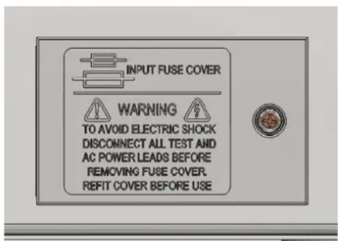 INPUT FUSE COVER WARNING TO AVOID ELECTRIC SHOCK DISCONNECT ALL TEST AND AC POWER LEADS BEFORE REMOVING FUSE COVER. REFIT COVER BEFORE USE