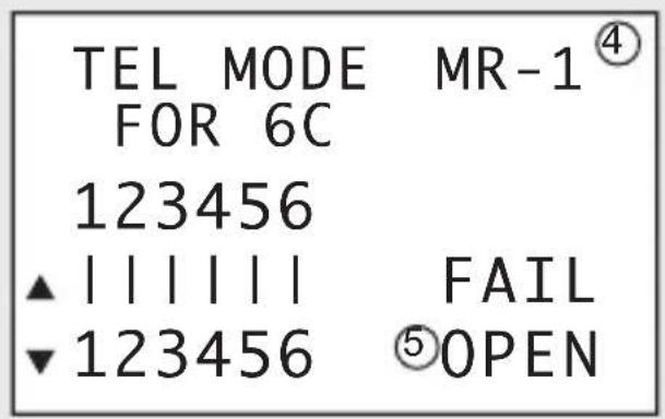 TEL MODE MR-1④ FOR 6C 123456 ▲ | | | | | | FAIL ▼ 123456 ⑤OPEN
