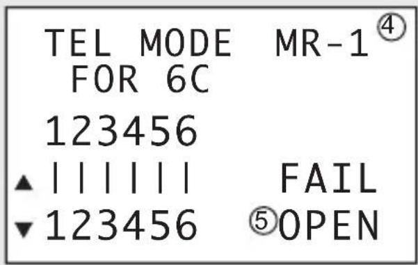 TEL MODE MR-1④ FOR 6C 123456 ▲|||||| FAIL ▼123456 ⑤OPEN