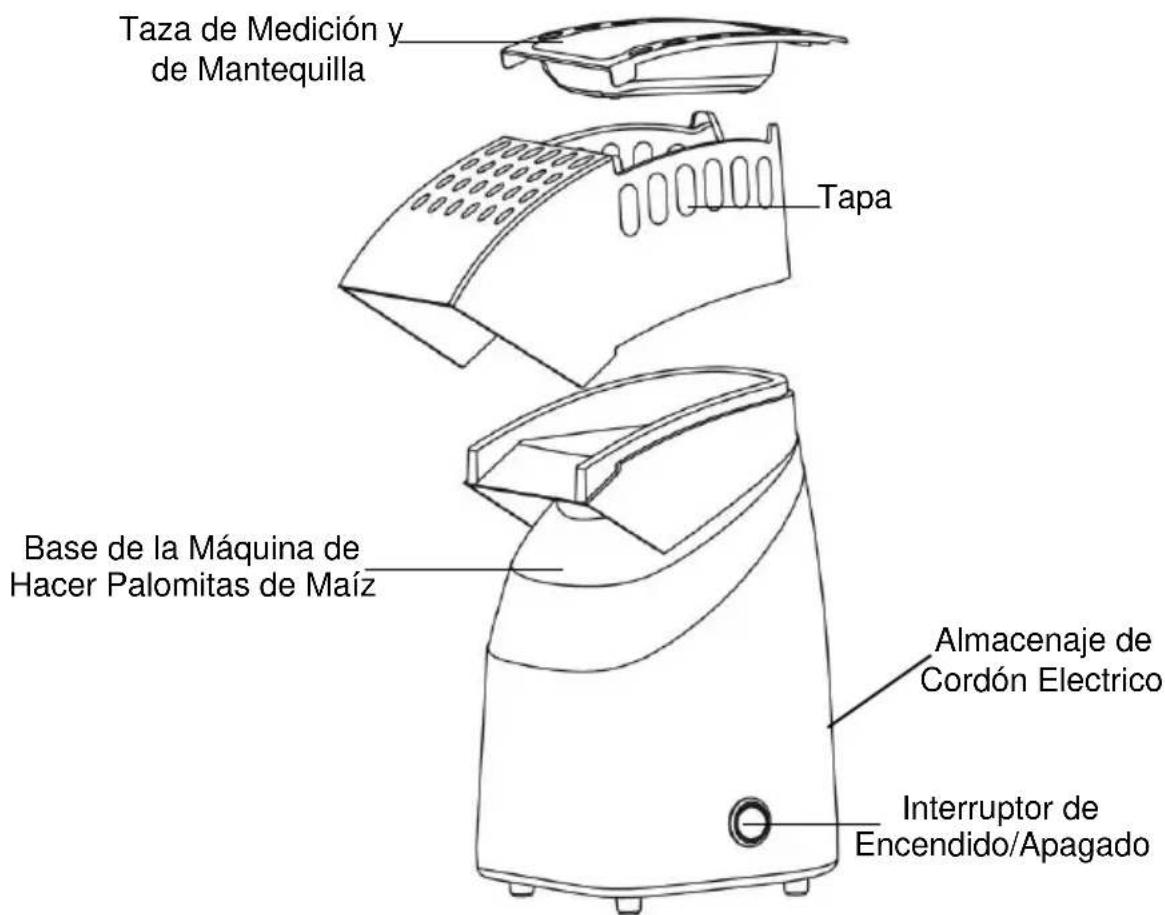 Taza de Medición y de Mantequilla Tapa Base de la Máquina de Hacer Palomitas de Maíz Almacenaje de Cordón Electrico Interruptor de Encendido/Apagado