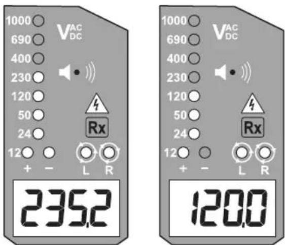 1000 VAC 690 DC 400 230 120 50 24 12 + - Rx L R 235.2 1000 VAC 690 DC 400 230 120 50 24 12 + - Rx L R 120.0