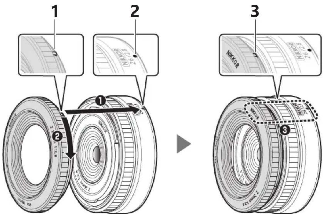 NIKON NIKKOR Z 26mm f2.8 - Fixation et retrait du parasoleil - 1