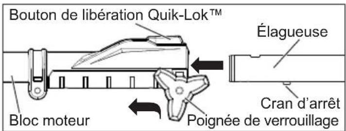 Bouton de libération Quik-Lok™ Élagueuse Bloc moteur Poignée de verrouillage Cran d'arrêt