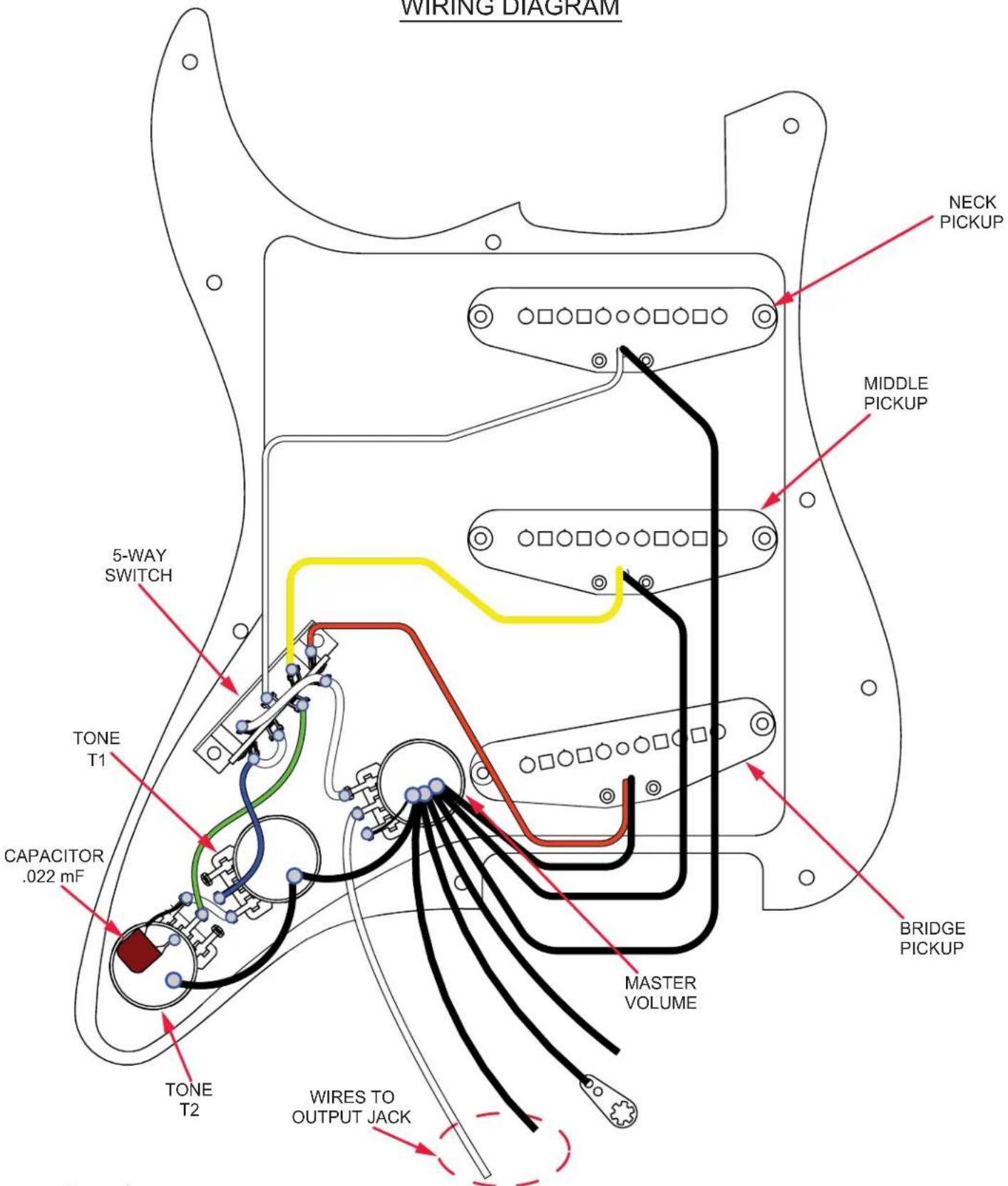 WIRING DIAGRAM 5-WAY SWITCH TONE T1 CAPACITOR .022 mF TONE T2 WIRES TO OUTPUT JACK NECK PICKUP MIDDLE PICKUP BRIDGE PICKUP MASTER VOLUME
