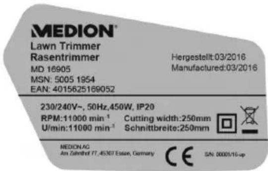MEDION MD 16905 - Typenschild - 2