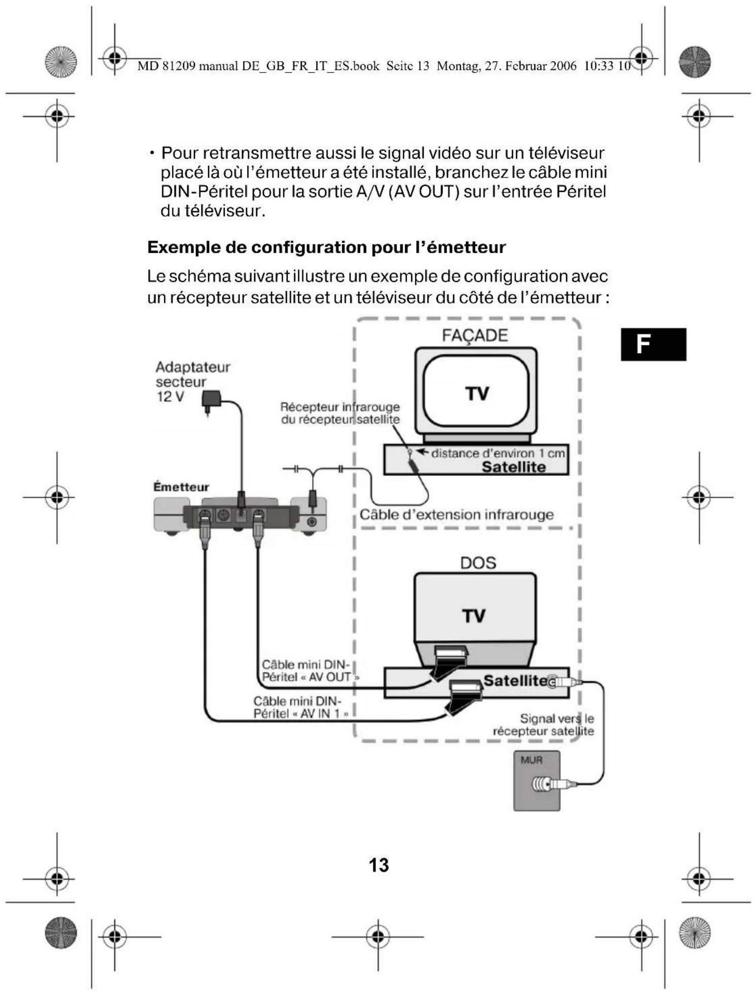 MD 81209 manual DE_GB_FR_IT_ES.book Seite 13 Montag, 27. Februar 2006 10:33 10 • Pour retransmettre aussi le signal vidéo sur un téléviseur placé là où l'émetteur a été installé, branchez le câble mini DIN-Péritel pour la sortie A/V (AV OUT) sur l'entrée Péritel du téléviseur. Exemple de configuration pour l'émetteur Le schéma suivant illustre un exemple de configuration avec un récepteur satellite et un téléviseur du côté de l'émetteur : FAÇADE TV Récepteur infrarouge du récepteur satellite distance d'environ 1 cm Satellite Câble d'extension infrarouge Émetteur Adaptateur secteur 12 V DOS TV Câble mini DIN- Péritel « AV OUT » Satellite@ Signal vers le récepteur satellite MUR 13